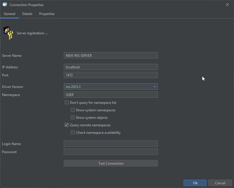 Dialog Connection Properties für einen InterSystems-IRIS-Server mit Servername, IP-Adresse, Port und Namespace; in der Treiberliste ist der mitgelieferte Treiber iris.2025.3 ausgewählt
