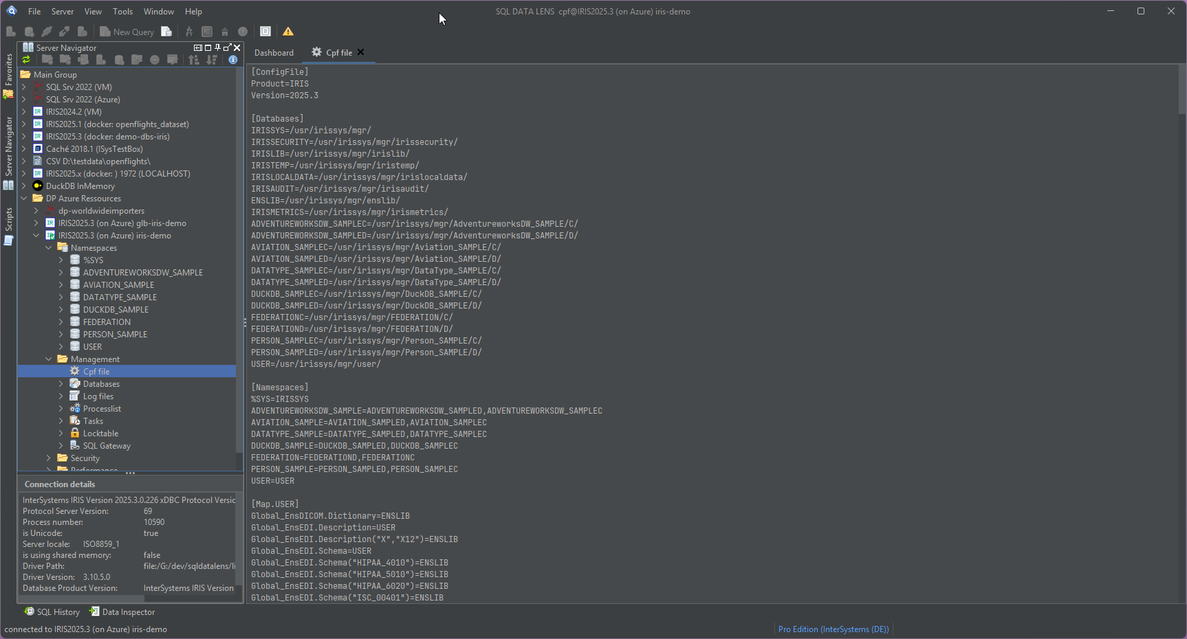 CPF file viewer showing the active iris.cpf for the selected server in a monospaced font, with the configuration sections such as [ConfigFile], [Databases] and [Namespaces] visible