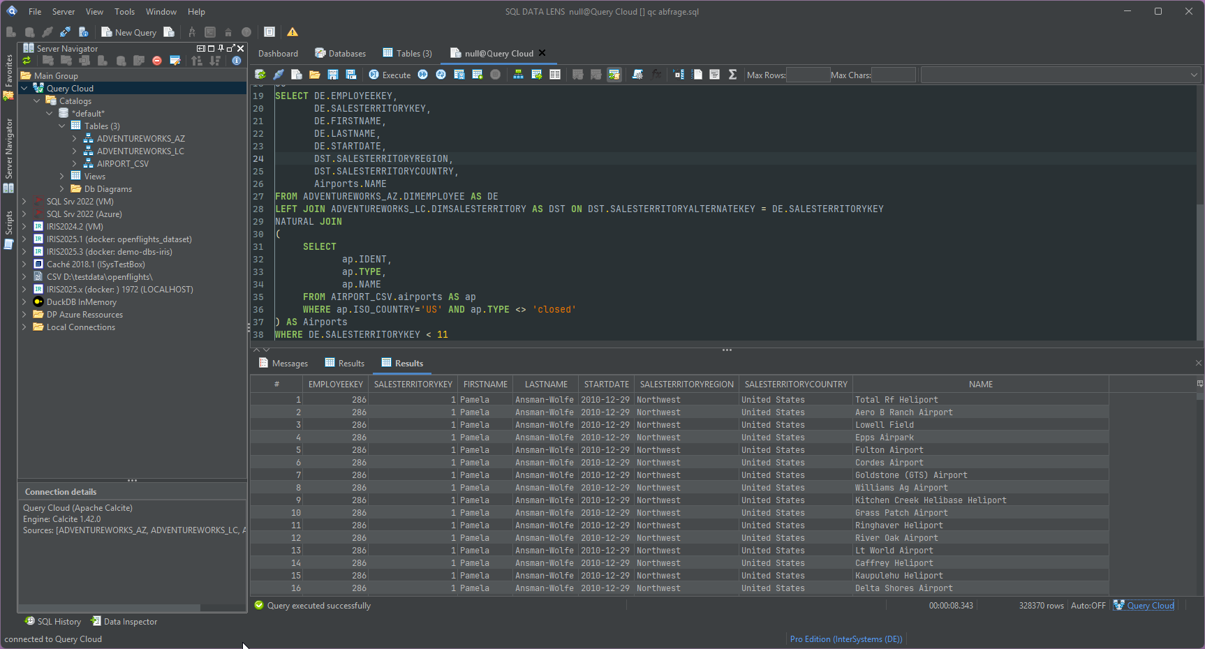 Query Cloud-Tabellenliste mit vier registrierten Tabellen — zwei aus IRIS-Namespaces, eine aus PostgreSQL, eine aus einer CSV-Datei — alle bereit, in einem einzigen Statement gejoint zu werden
