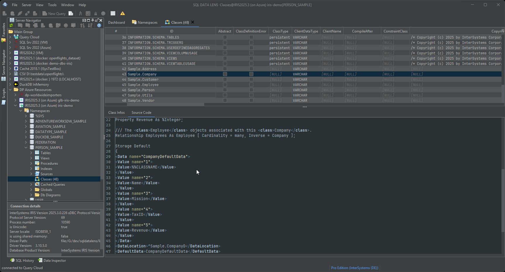 Class Viewer Panel zeigt eine IRIS-Klasse mit Tabs für Properties, Methods, Queries, Parameters, Storage und Inheritance, das Properties-Tab ist ausgewählt und zeigt eine Liste von Properties mit ihren Typen, Kollatierungen und ob sie berechnet sind