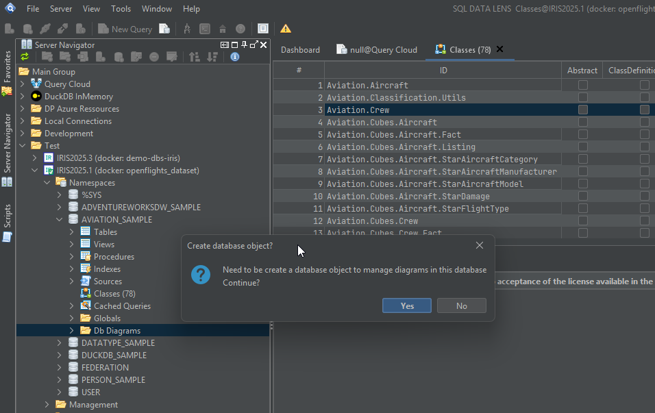 The confirmation dialogue titled Create database object?, asking whether a database object needed to manage diagrams may be created, with Yes and No buttons, shown over the Server Navigator with the Db Diagrams folder selected