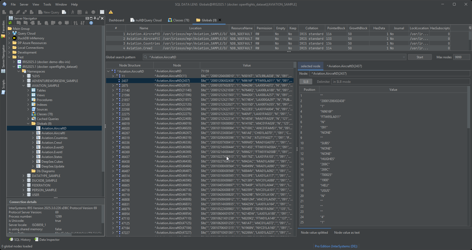 Global Browser with the node list of a global in the middle, each row showing the raw stored $LISTBUILD value, and the decoder pane on the right showing the selected node broken out into numbered positions with one field value per line