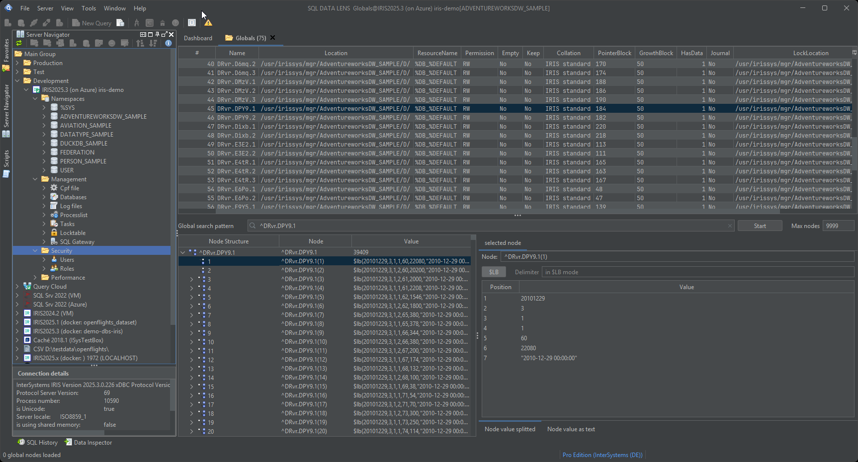 Server Navigator Tree auf der linken Seite mit fünf Servern erweitert — mehrere IRIS-Server mit Namespaces aufgeklappt, ein PostgreSQL-Server mit seinen Schemas, ein MySQL-Server und eine SQLite-Datei — und das Detail-Panel rechts zeigt die Spalten einer ausgewählten Tabelle