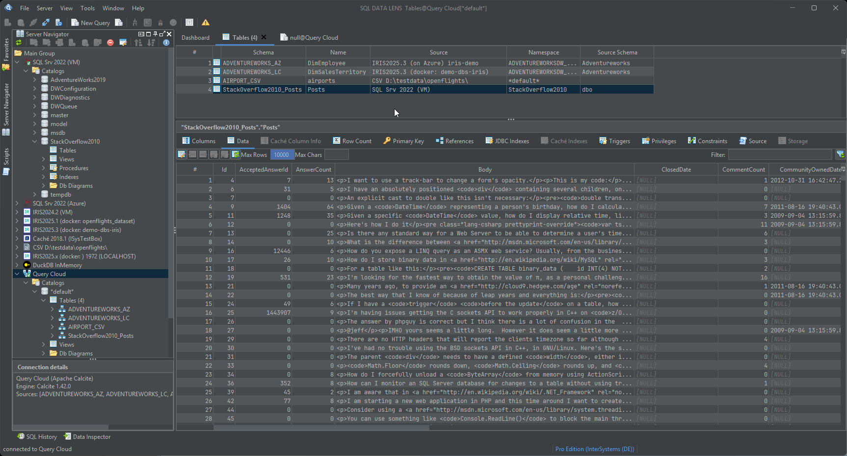 Query Cloud table list showing four tables registered from different sources — two IRIS namespaces on different servers, one SQL Server table and one CSV file — each row naming its source, namespace and source schema, with the data of one registered table in the grid below