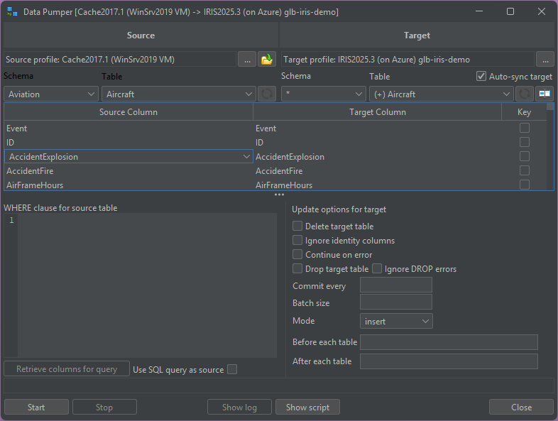 Data Pumper dialogue split into a source and a target half, each with its own connection, schema and table picker, the column mapping listed underneath pair by pair, and the update options for the target — delete target table, ignore identity columns, continue on error, commit every, batch size and insert mode
