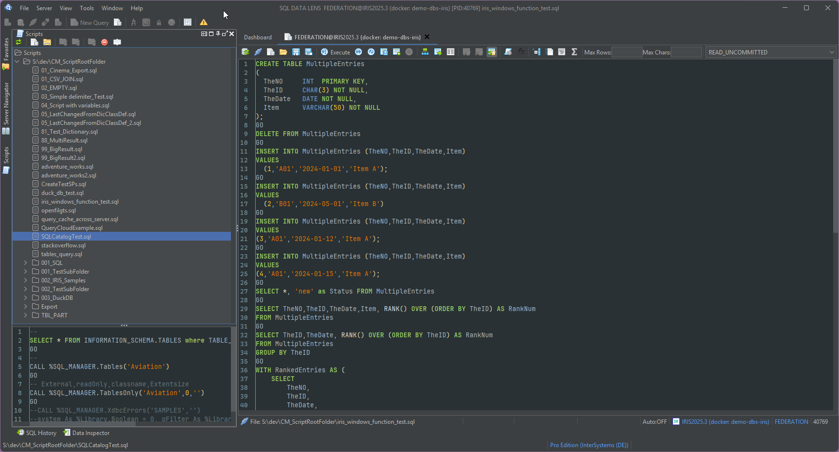 Script Manager panel docked beside the SQL editor, showing a folder tree of SQL scripts organised by topic, with one script selected and its content shown in the preview pane