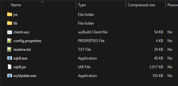File listing of the portable SQL DATA LENS archive: a bundled jre folder, a lib folder, the signed sqldl.exe, sqldl.jar, wyUpdate.exe, config.properties and readme.txt, with each entry's compressed size shown