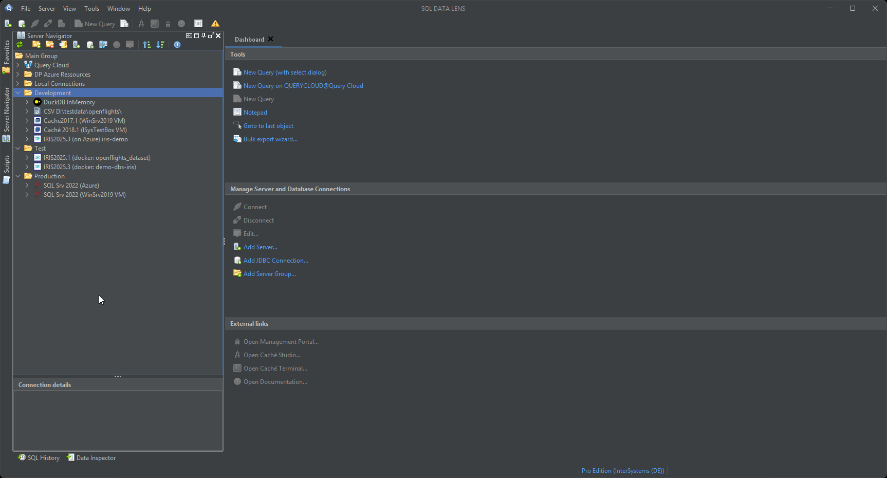 Server Navigator tree with connections sorted into named Development, Test and Production groups, so the environment a connection belongs to is visible before it is opened