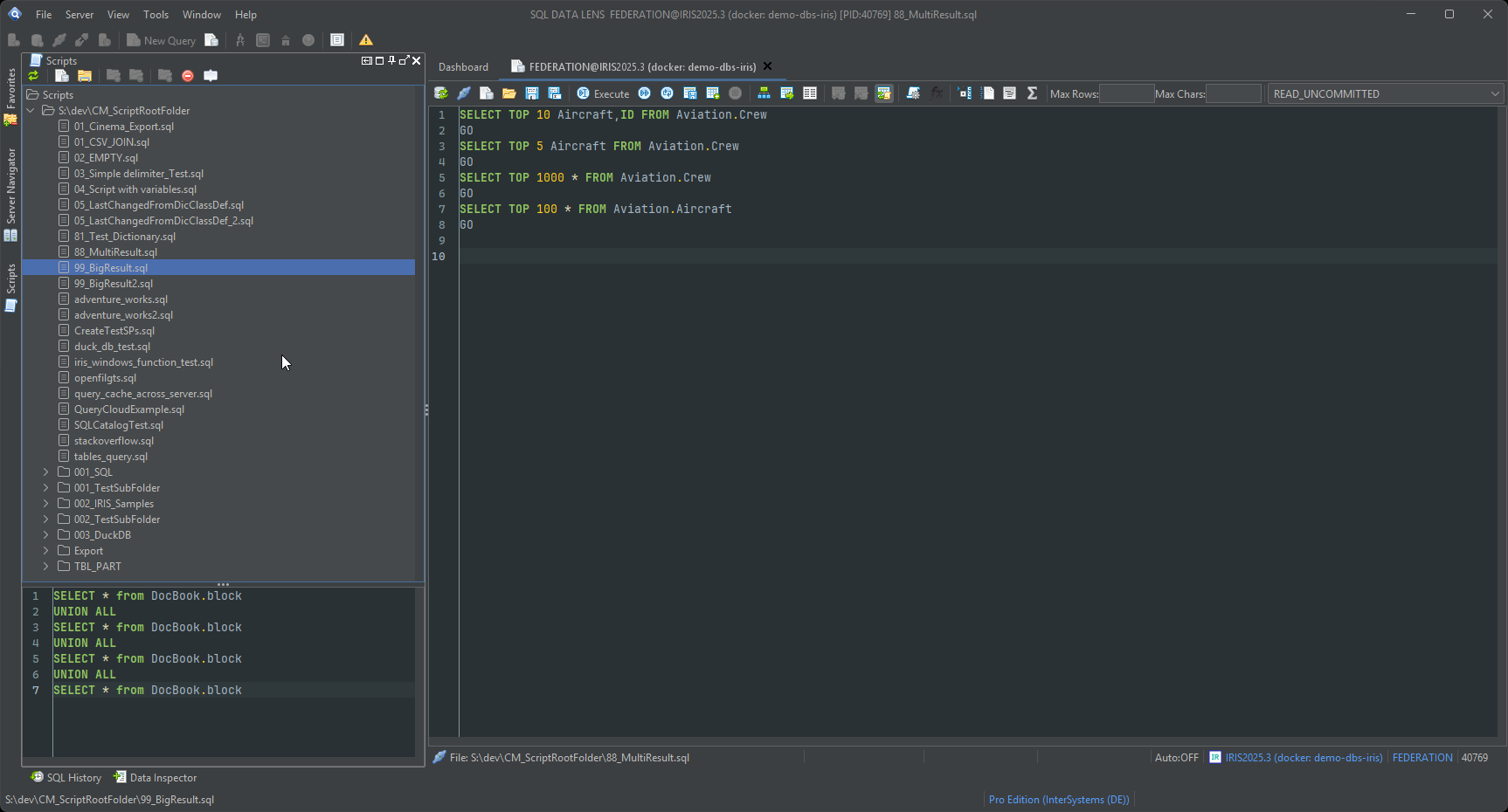 SQL editor holding a script of five SELECT statements separated by GO, with the Script Manager tree open beside it and a second script previewed in the pane below