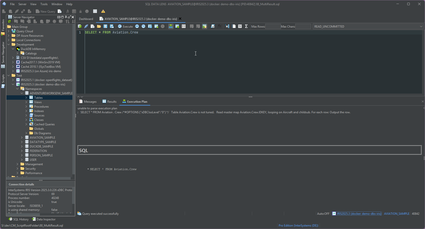Execution Plan tab open beneath a SELECT in the SQL editor, showing the plain IRIS plan for the statement — the master map it reads, what it loops on and the row output — with the statement repeated below it