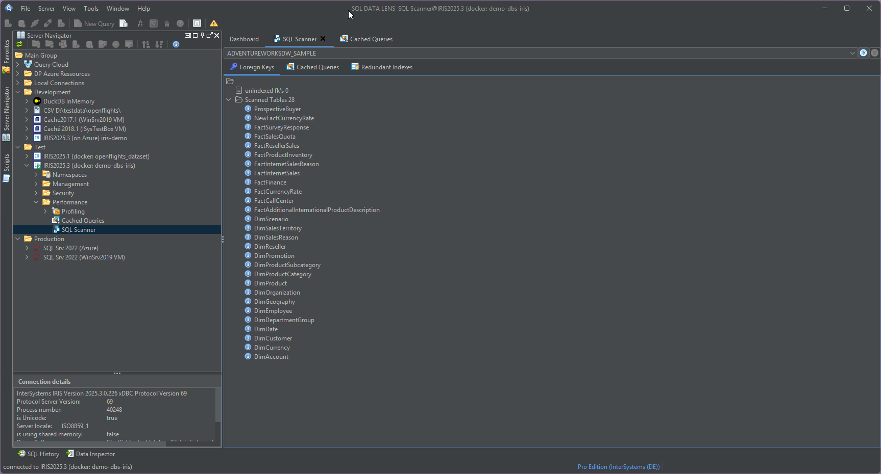 SQL Scanner open on an IRIS namespace with separate tabs for foreign keys, cached queries and redundant indexes; the foreign key tab reports no unindexed keys and lists all 28 tables that were scanned