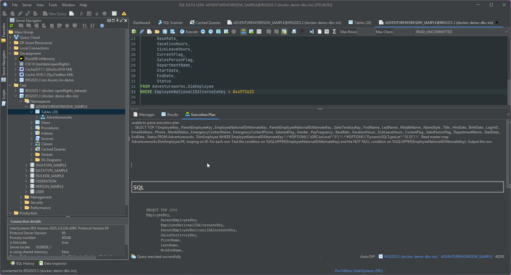 SQL editor with a multi-column SELECT over an IRIS table in the upper pane and the Execution Plan tab beneath it, showing the plain plan: the master map it reads, the condition tested per row and the resulting row output