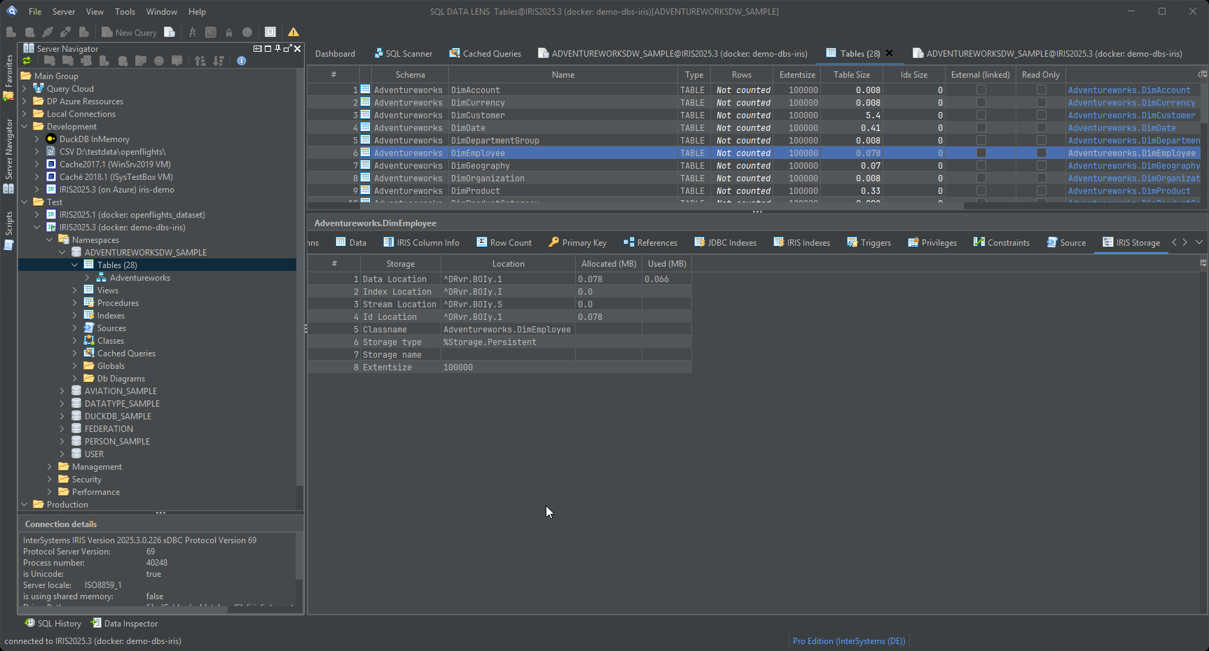 IRIS Storage tab for one table, listing the data, index, stream and ID global locations that back it, the megabytes allocated and used per global, the storage class and the extent size