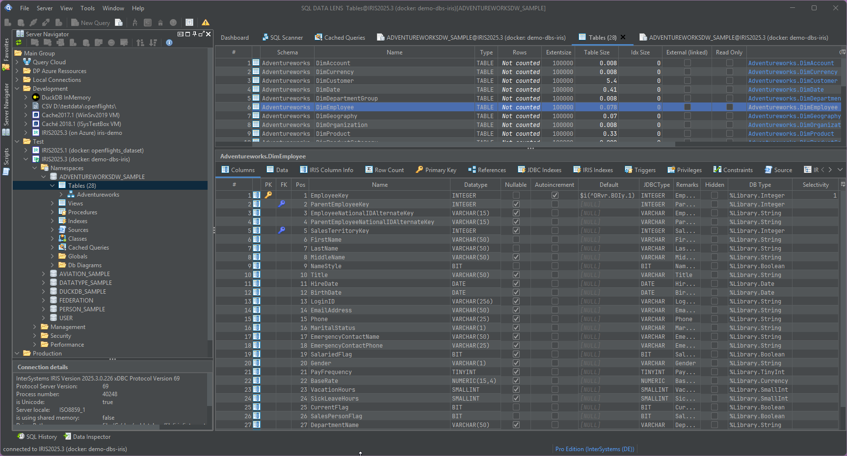 SQL DATA LENS on Windows: the Server Navigator on the left with connections grouped into Development, Test and Production, the table list of an IRIS namespace above, and the selected table's columns below with their data types, key markers and IRIS types