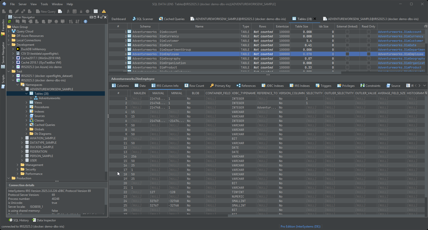 Table Viewer mit dem Structure-Tab ausgewählt, zeigt eine Liste von Spalten mit ihren Datentypen, Nullability, Default-Werten und Primary-Key-Status
