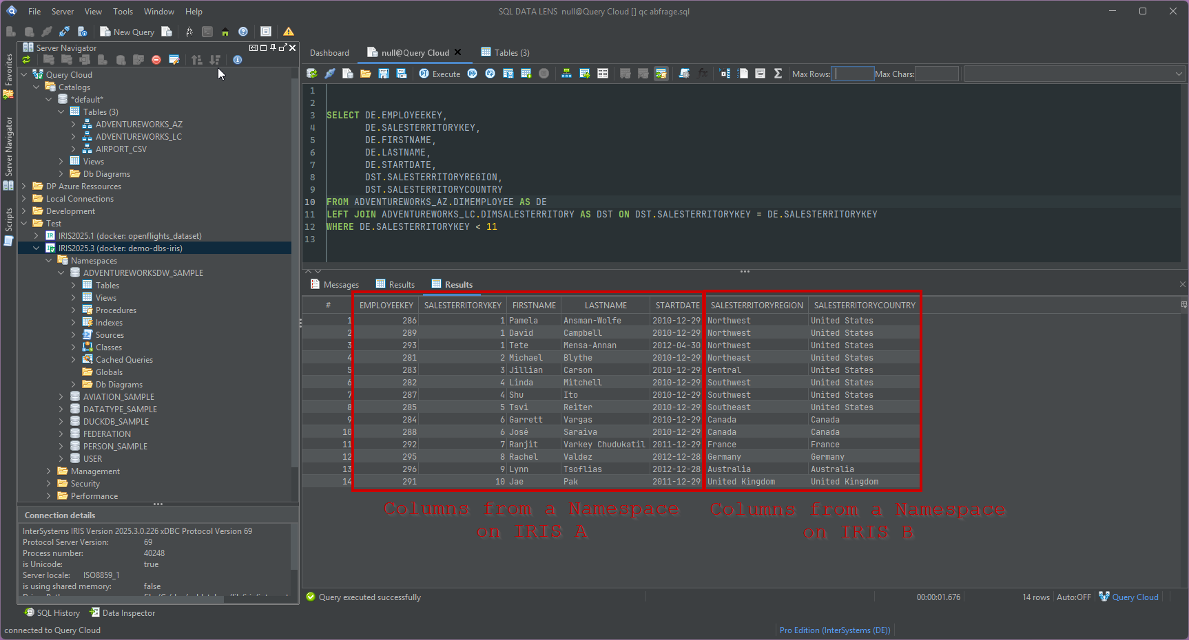 Query Cloud editor running a LEFT JOIN between two IRIS namespaces on different servers, with the result grid below marking which columns came from which namespace