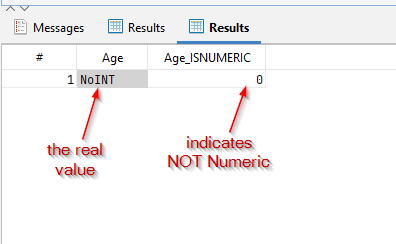 Result grid showing Age with the value NoINT and Age_ISNUMERIC with the value 0, annotated as the real value and NOT Numeric.