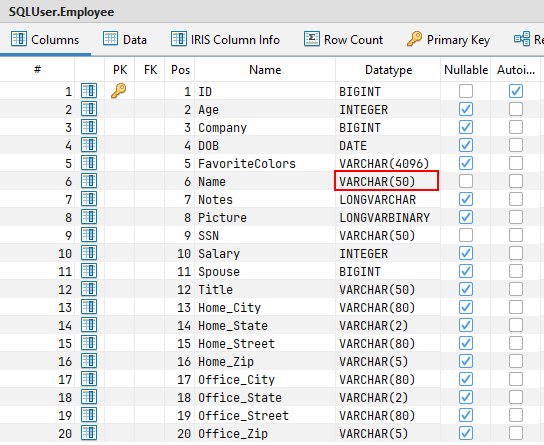 The Columns tab for SQLUser.Employee in SQL DATA LENS. The Name column is marked in red and declared as VARCHAR(50).