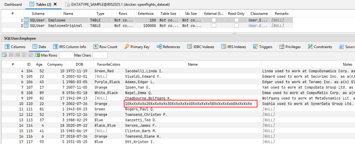 The Employee table in SQL DATA LENS with row ID 110 selected. The Name cell holds a self-measuring string, 10XxXxXxXx20XxXxXxXx and so on up to 60 characters, marked in red.