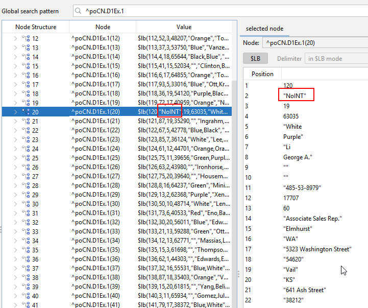 Global Browser showing node ^poCN.D1Ex.1(20). The list value starts with 120 followed by the string NoINT, marked in red; the selected-node panel lists position 2 as NoINT.