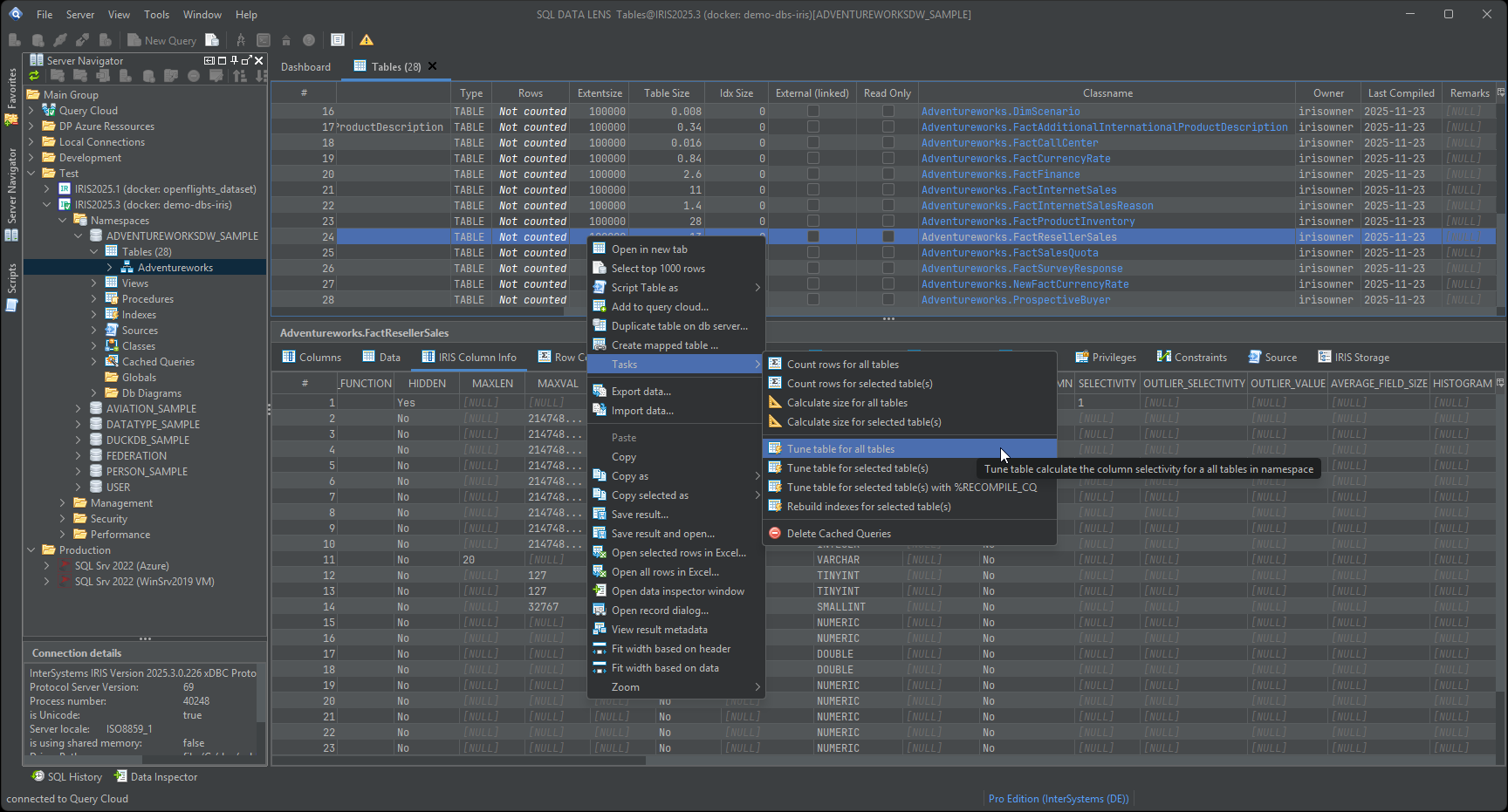 Tabellenliste eines IRIS-Namespace mit Extent-Größe, Tabellengröße, Indexgröße, Owner und zugrundeliegendem Klassennamen pro Tabelle; das Kontextmenü ist bei Tasks geöffnet und die Aktion Tune table for all tables ist hervorgehoben